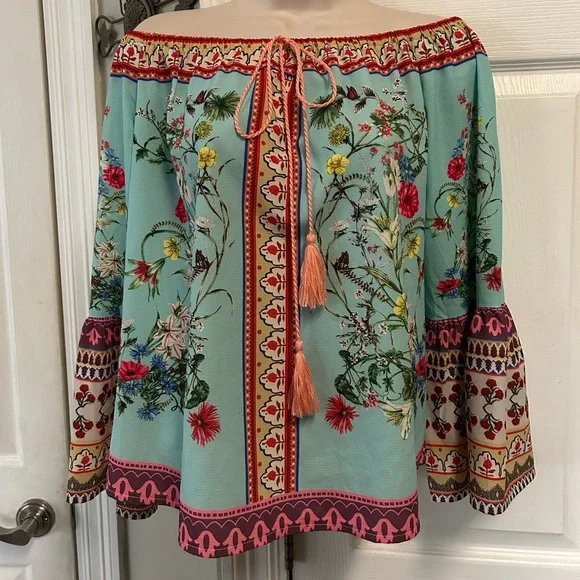 Umgee Floral Boho Blouse Off the Shoulder Small Mixed Print Womens Gypsy Top - Picture 1 of 9